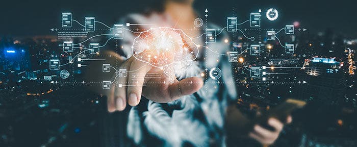 business man holding a mobile phone Showcasing technology from Artificial Intelligence, cutting-edge holographic graphics extend beyond the screen. Business data analysis assistant technology concept