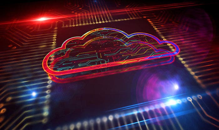Digital computing cloud symbol. Cyber technology, internet data storage, computer, database and mobile server abstract concept. Production line 3d rendering illustration. Factory with laser burning.