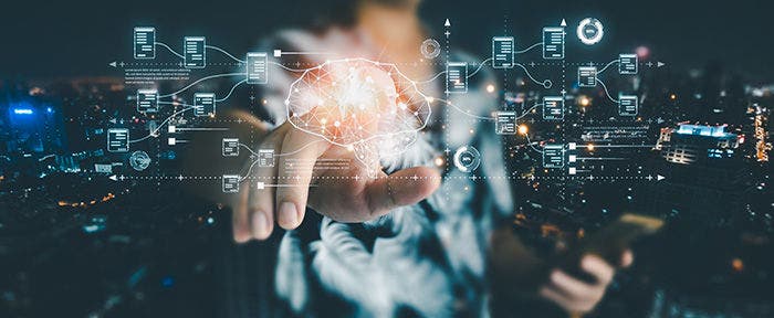 business man holding a mobile phone Showcasing technology from Artificial Intelligence, cutting-edge holographic graphics extend beyond the screen. Business data analysis assistant technology concept