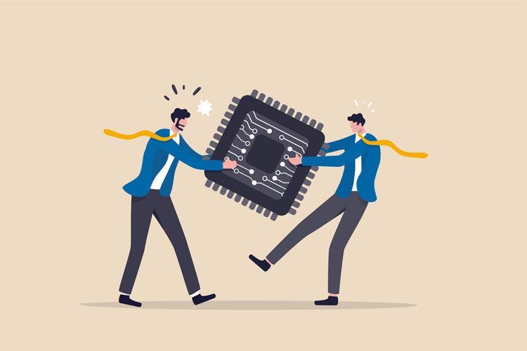 Semiconductor and computer chip supply chain shortage due to Coronavirus COVID-19 pandemic, electronics manufacturing problem concept, businessman tug of war fighting to get computer chip.