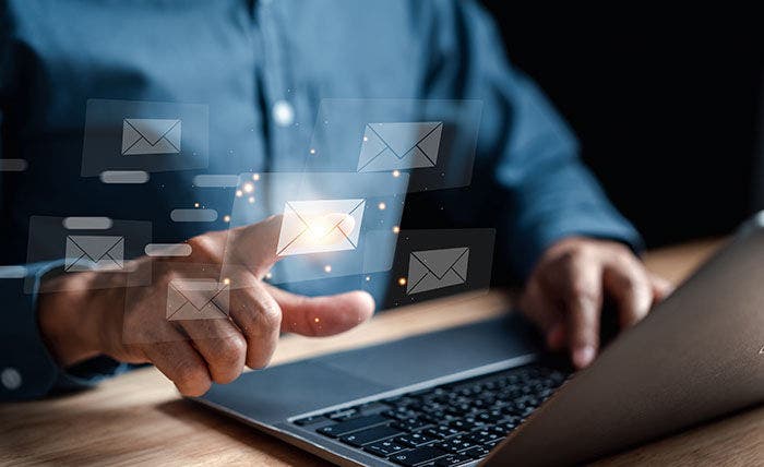 Businessman sending email by laptop computer to customer, business contact and communication, email icon, email marketing concept, send e-mail or newsletter, online working internet network.