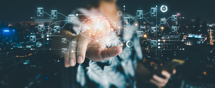 business man holding a mobile phone Showcasing technology from Artificial Intelligence, cutting-edge holographic graphics extend beyond the screen. Business data analysis assistant technology concept
