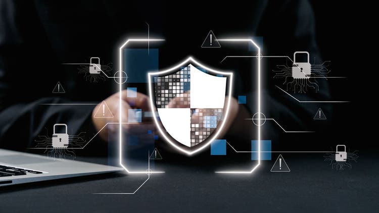 A visual representation of digital cybersecurity featuring a shield icon, data protection elements, and technology concepts highlighting the importance of network security and privacy. Qubit