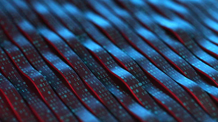 Abstract background showing big data flow with binary code. Digital technology, programming, machine learning, and information processing.