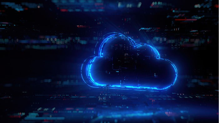 Digital cloud hologram on future tech background. Productivity evolution. Futuristic cloud icon in world of technological progress and innovation. Cloud computing background. CGI 3D render