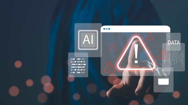 Hand pointing at digital warning icon with AI and data interface, representing system warning alert, cybersecurity threat, data error, and artificial intelligence risk.