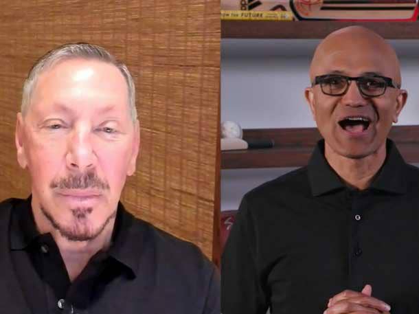 Oracle Co-Founder Larry Ellison (left) and Microsoft CEO Satya Nadella