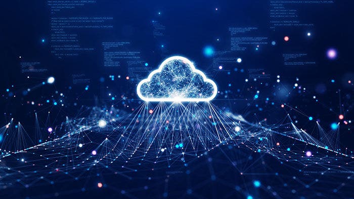 Cloud and edge computing technology data transfer concept. A large cloud icon is in the center. abstract code Interconnected polygons and multicolored dots on a dark blue background.