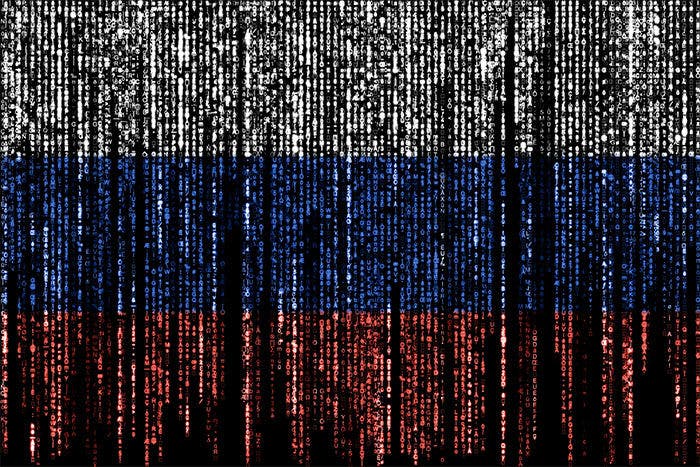 Flag of Russia on a computer binary codes falling from the top and fading away. Binary code on white, blue, and red stripes.