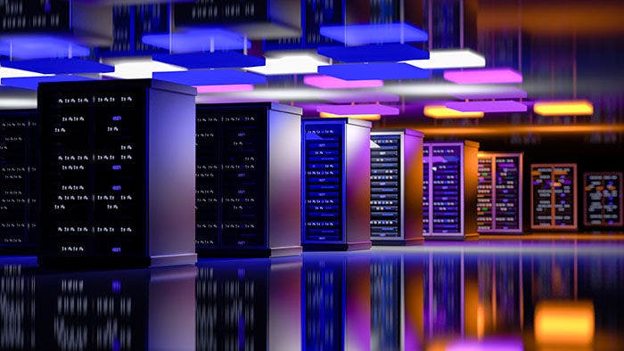 Server. Server racks in server room cloud data center. Datacenter hardware cluster. Backup, hosting, mainframe, mining, farm and computer rack with storage information. 3d illustration