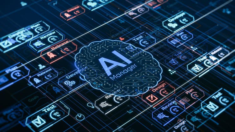 AI assistant for Agile project management, AI automation workflow, project life cycle, conceptual illustration (3d render)