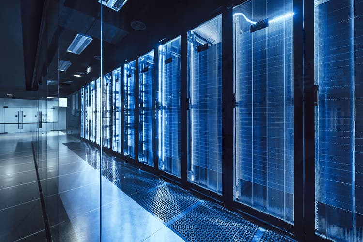 data center in server room with server racks