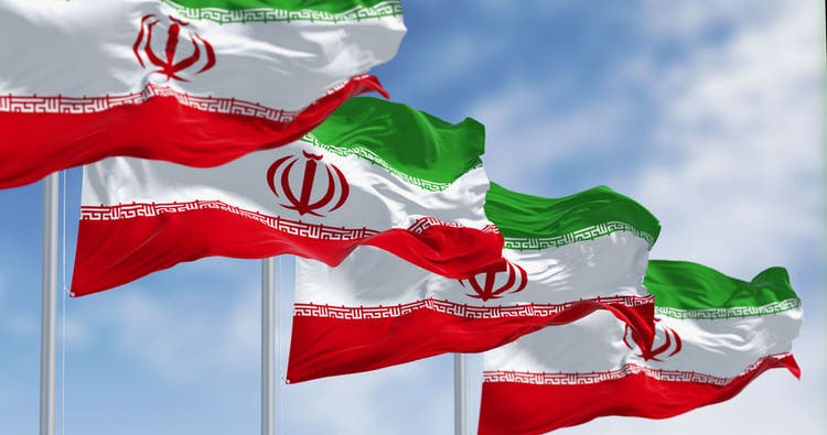 National flags of Iran waving in the wind on a clear day. 3d illustration render. Rippled fabric. Textured background