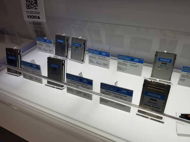 Solid state drives (SSDs) by Kioxia on display at VMware Explore 2022. Various Kioxia products work with VMware services. Photo by Wade Tyler Millward.