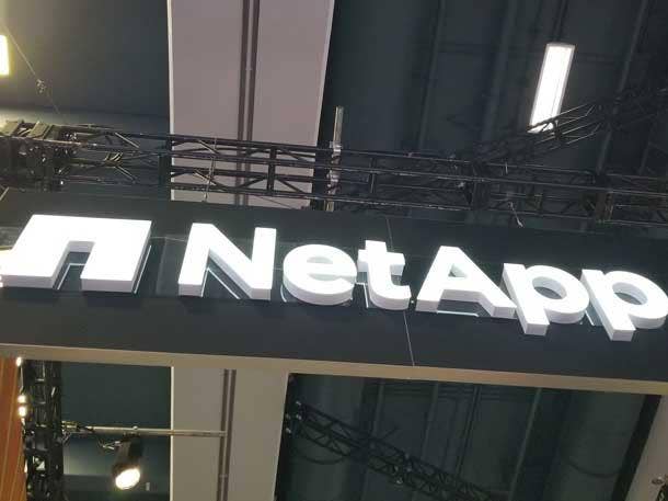 The NetApp logo on display at VMware Explore 2022. NetApp and VMware announced updates to their products during the event, held in San Francisco. Photo by Wade Tyler Millward.