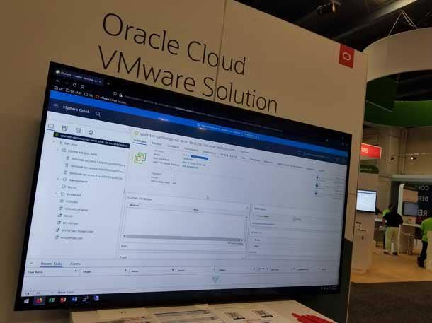 A display for Oracle Cloud VMware Solution at VMware Explore 2022. Oracle and VMware announced updates to their products during the event, held in San Francisco. Photo by Wade Tyler Millward.