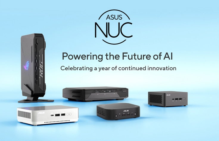 ASUS NUC PC line arranged in two rows showing off the Six NUC models. Powering the Future of AI - Celebrating a year of continued innovation