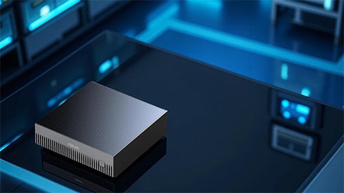An ASUS Ascent GX10 in the lower left corner, sitting on a reflective glass surface inside a hightech server room that is illuminated by blue lighting